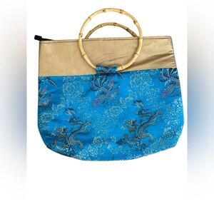 Elegant Blue Gold Brocade Tote Bag Bamboo Wooden Ring Handles Statement